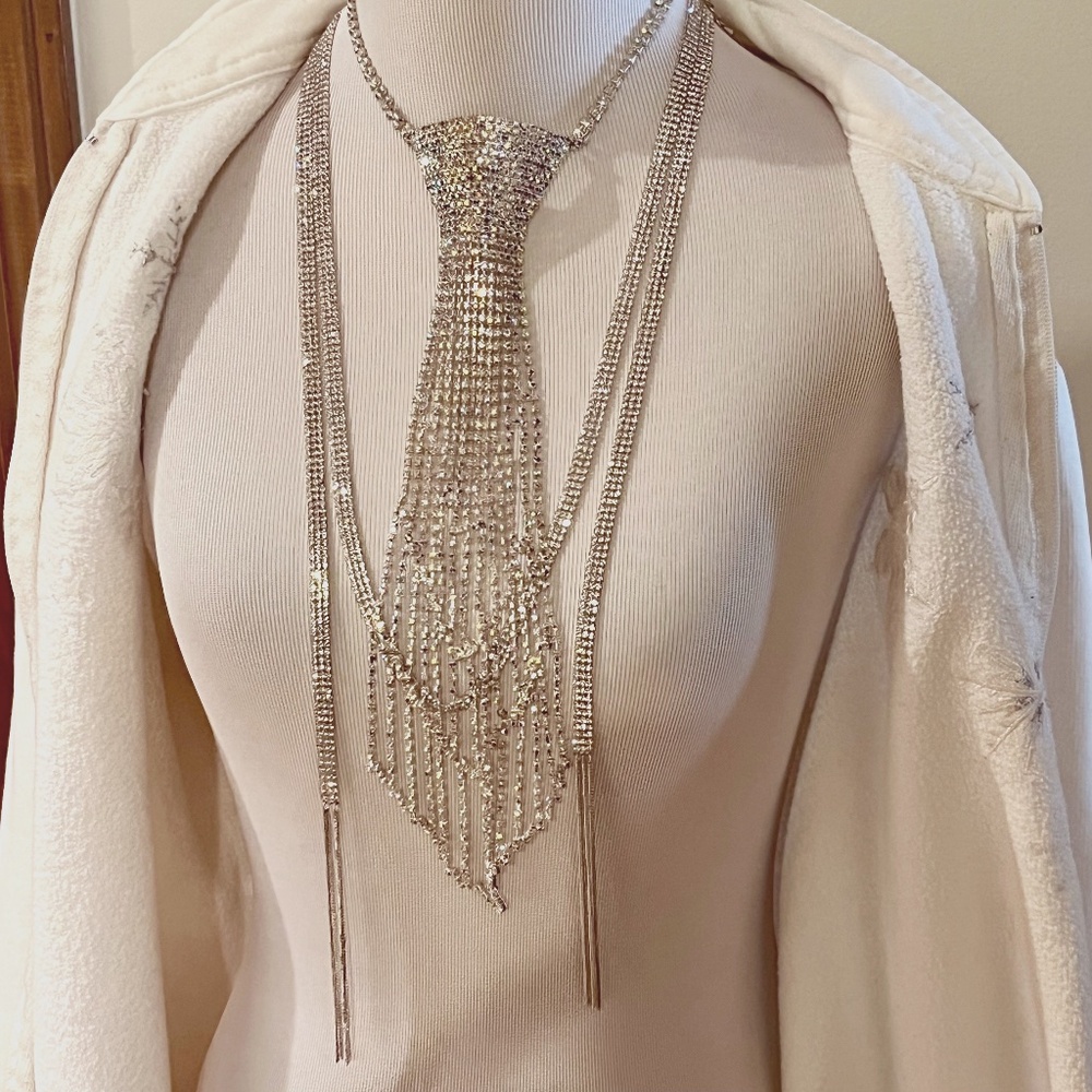 Party Bling Jewelry - 2 Necklace Lot - Rhinestone Necktie & Wrap - New Year's!